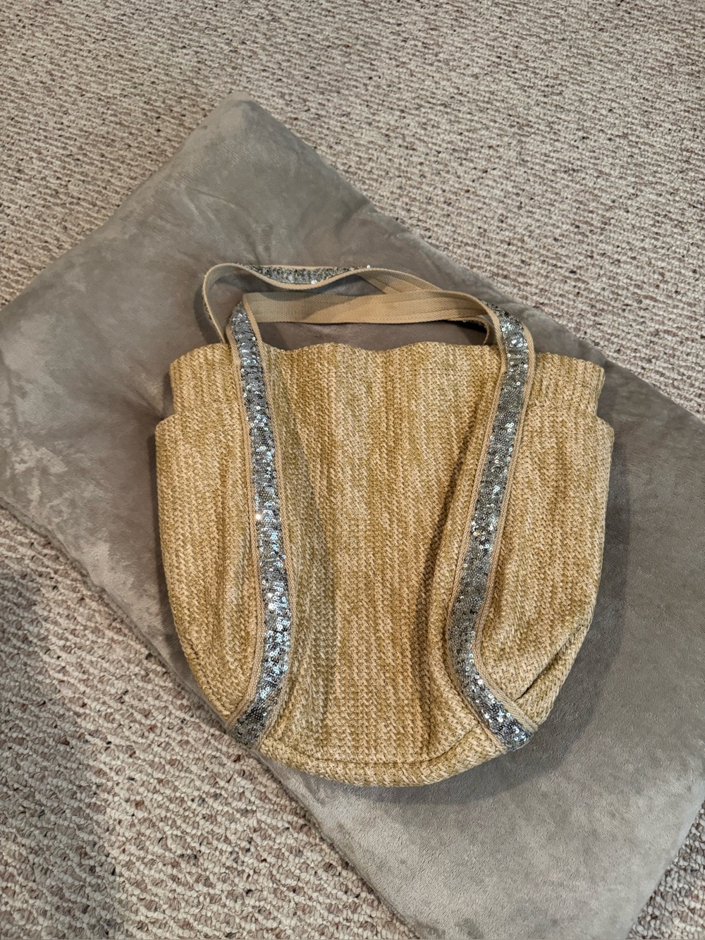 Gap Neutral Straw Tote with Silver Sequin Trim
